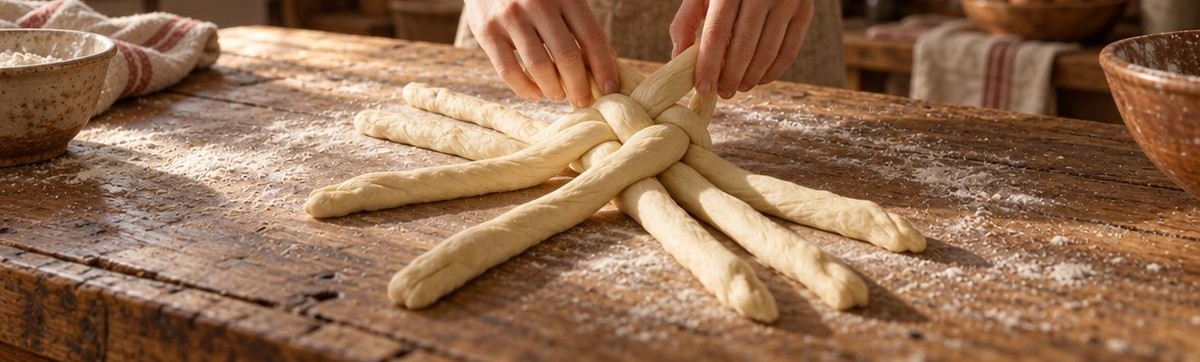 Hands braiding challah dough