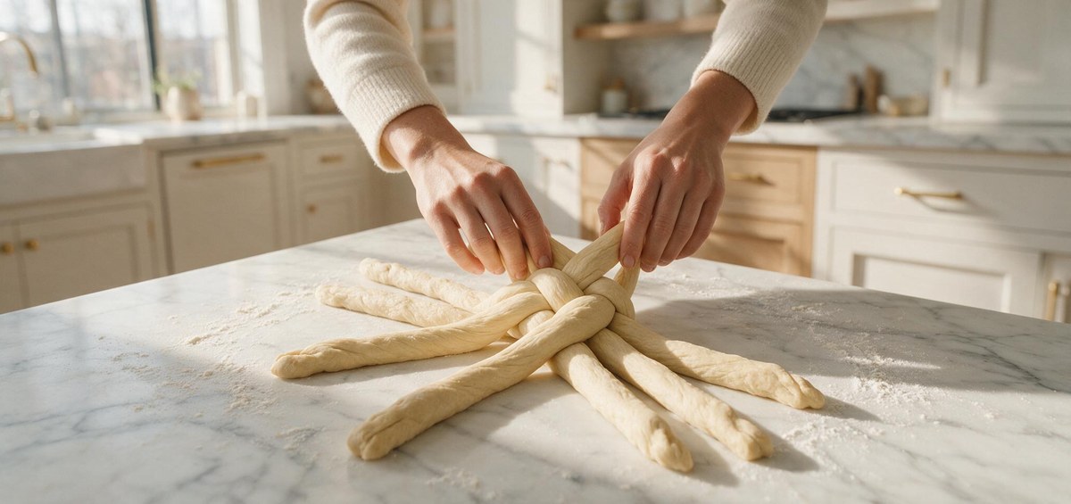 Hands braiding challah dough