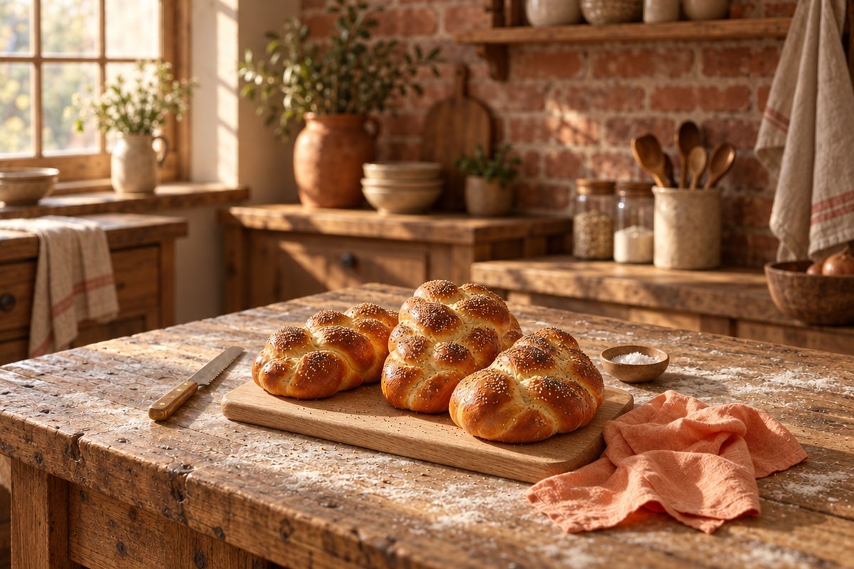 Three braided challos on a board