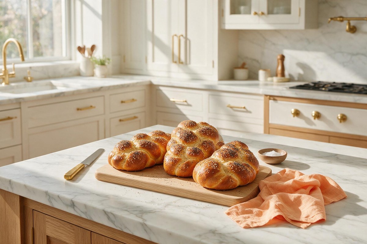 Three braided challos on a board