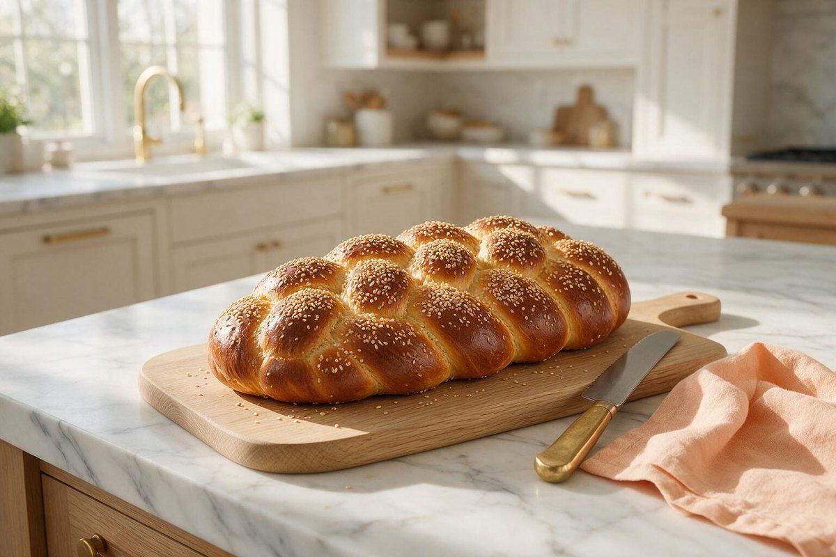 A braided challah on a white marble counter
