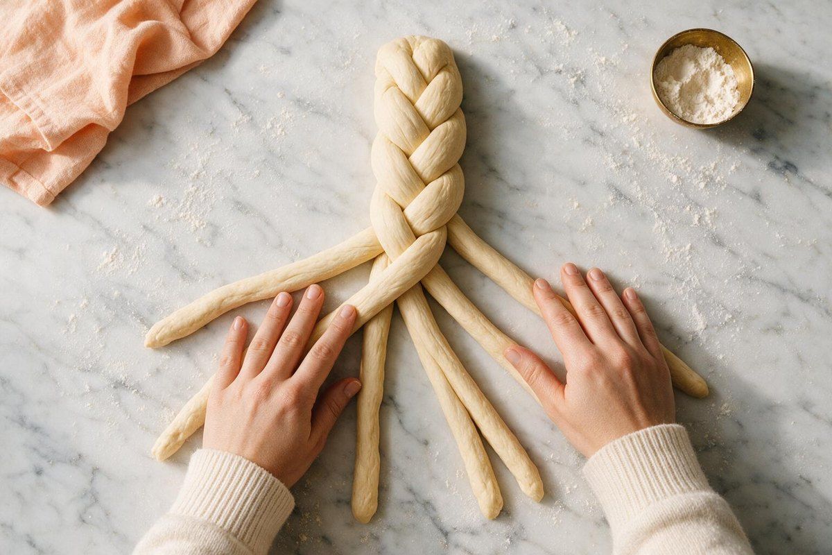 Hands braiding challah dough