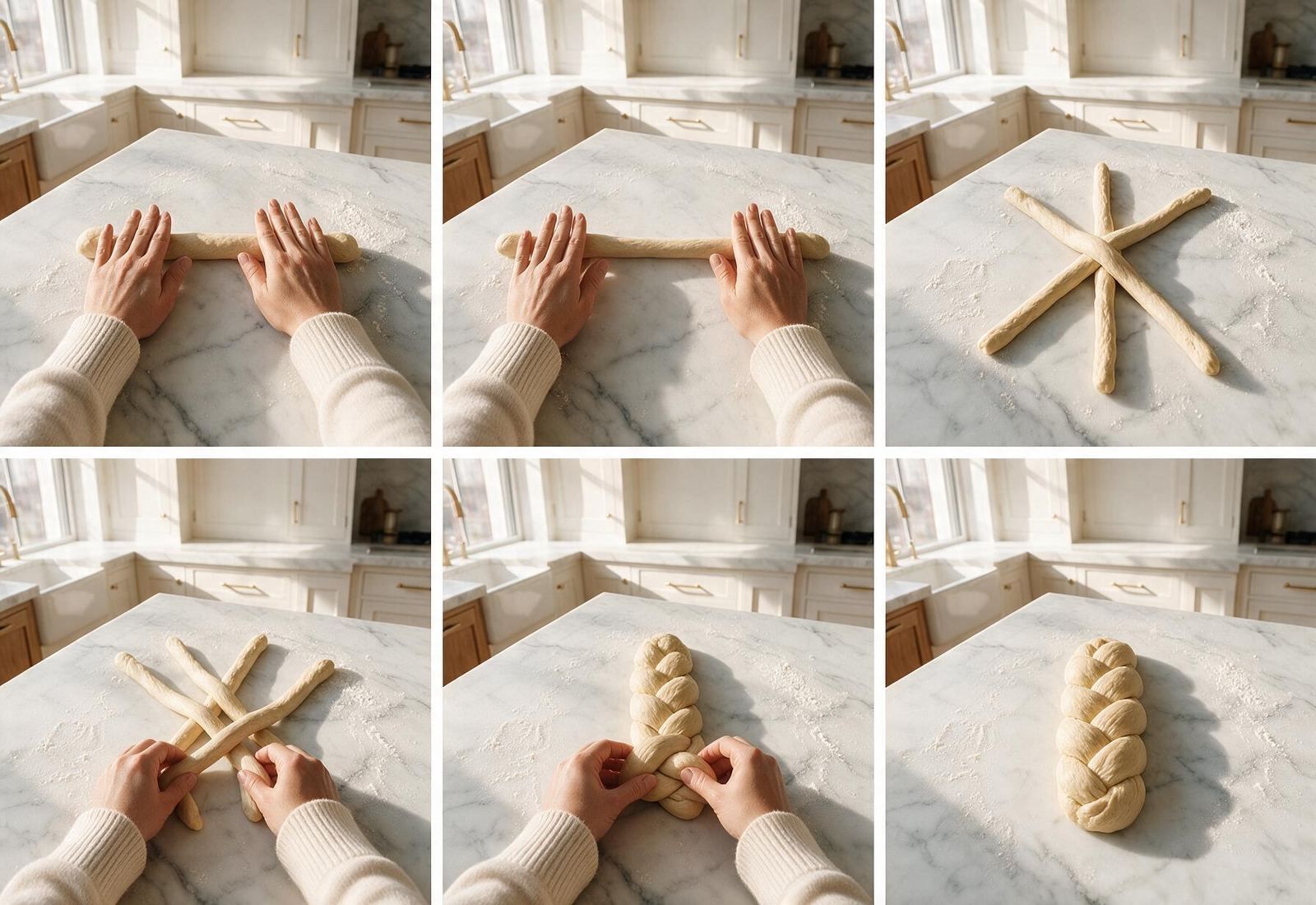 Six steps of braiding a challah